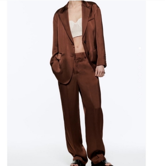 Zara * satin effect straight oversized flowy blazer brown - Picture 9 of 17